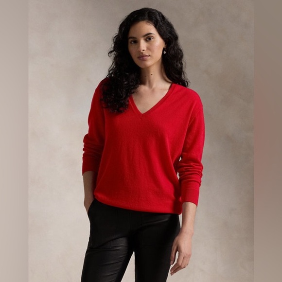 Ralph Lauren Relaxed Fit 100% Cashmere Luxury Red V-Neck Women's Sweater 2X - Picture 1 of 7